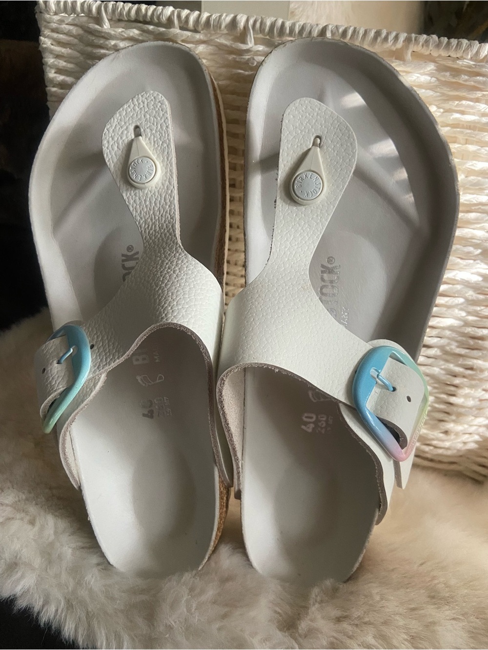 Birkenstock Gizeh Big Buckle White Thong Sandals with Pastel Gradient Buckles